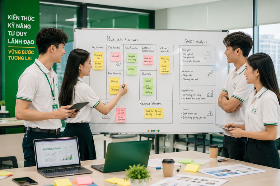 Sinh viên ngành Quản trị Kinh doanh VCI thực hành lập kế hoạch kinh doanh và thuyết trình chiến lược marketing tại lớp học