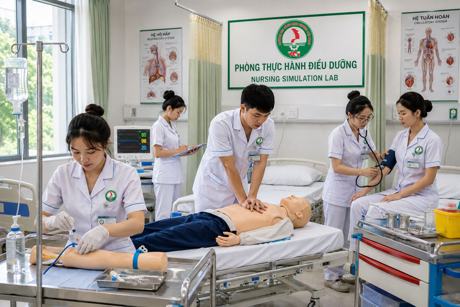 Sinh viên ngành Điều dưỡng VCI thực hành chăm sóc bệnh nhân tiêm truyền đo huyết áp và sơ cứu tại phòng thực hành lâm sàng hiện đại