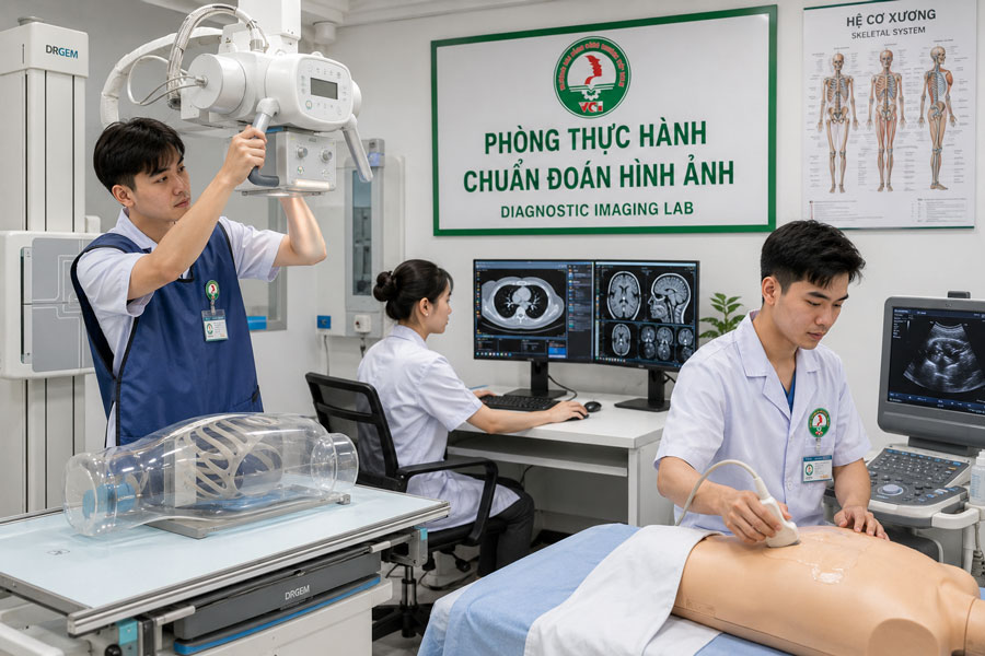 Sinh viên ngành Kỹ thuật hình ảnh y học VCI thực hành vận hành máy X-quang CT MRI siêu âm và đọc phim chẩn đoán hình ảnh tại phòng thực hành hiện đại