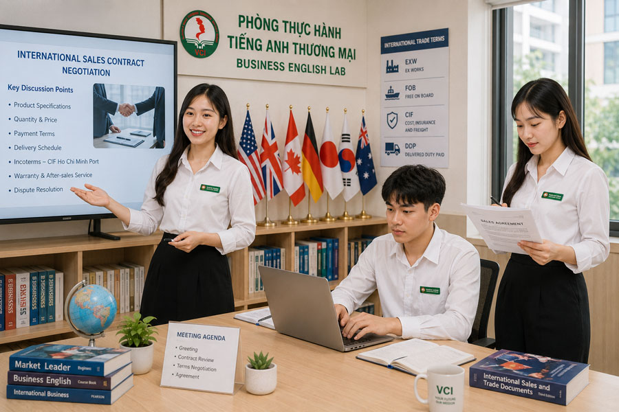 Sinh viên ngành Tiếng Anh thương mại VCI thực hành phiên dịch đàm phán hợp đồng quốc tế và giao tiếp tiếng Anh thương mại tại phòng học hiện đại
