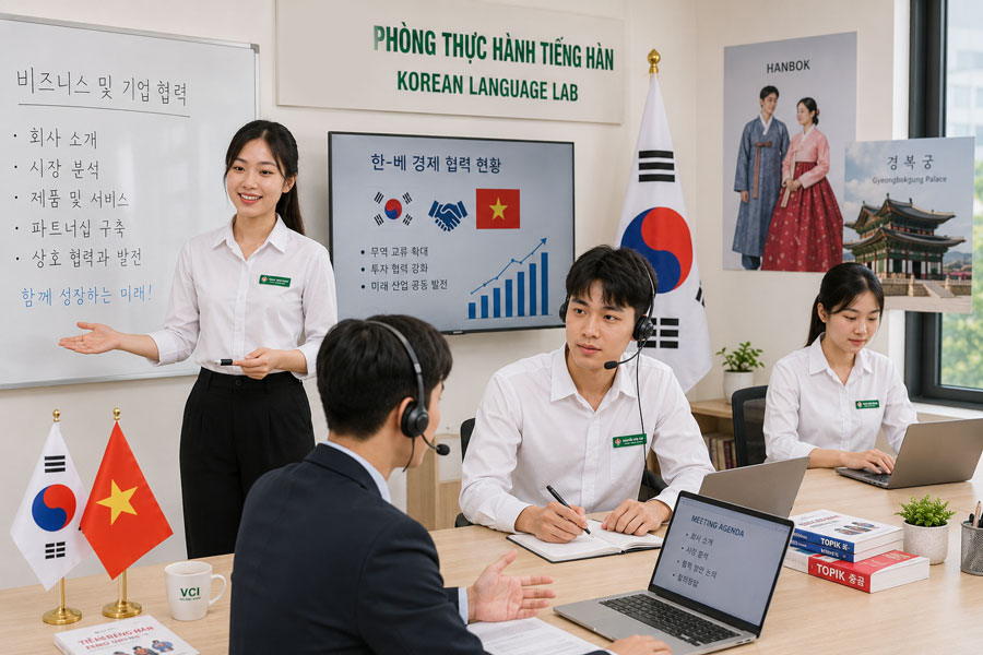 Sinh viên ngành Tiếng Hàn Quốc VCI thực hành phiên dịch văn phòng giao tiếp với chuyên gia Hàn Quốc và học tiếng Hàn chuyên ngành thương mại tại phòng học hiện đại
