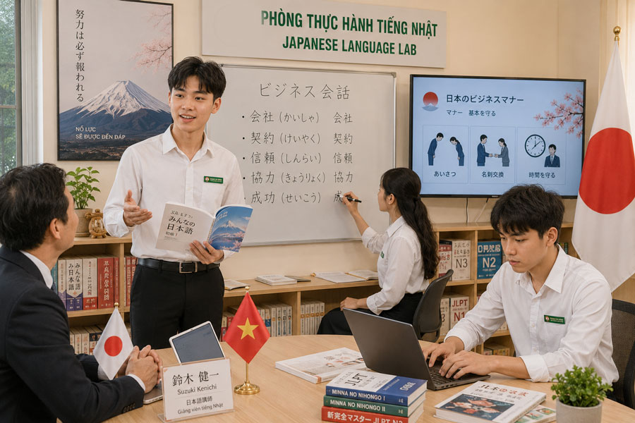 Sinh viên ngành Tiếng Nhật VCI thực hành phiên dịch giao tiếp với đối tác Nhật Bản luyện JLPT và chuẩn bị đi thực tập tại Nhật Bản tại phòng học hiện đại