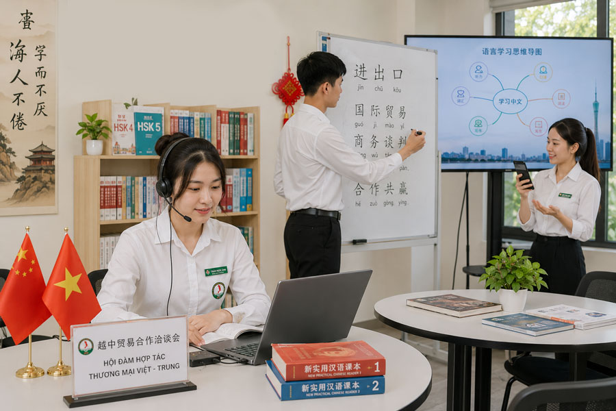 Sinh viên ngành Tiếng Trung Quốc VCI thực hành phiên dịch thương mại đàm phán với đối tác và học tiếng Trung chuyên ngành xuất nhập khẩu tại phòng học hiện đại