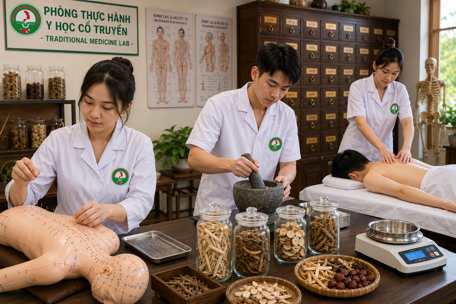 Sinh viên ngành Y học cổ truyền VCI thực hành châm cứu bấm huyệt bào chế thuốc đông dược và xoa bóp trị liệu tại phòng thực hành hiện đại