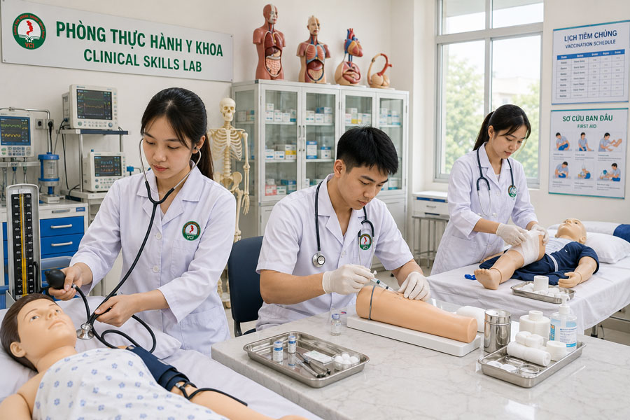 Sinh viên ngành Y sĩ đa khoa VCI thực hành khám bệnh đo huyết áp tiêm truyền và sơ cứu tại phòng thực hành y khoa hiện đại