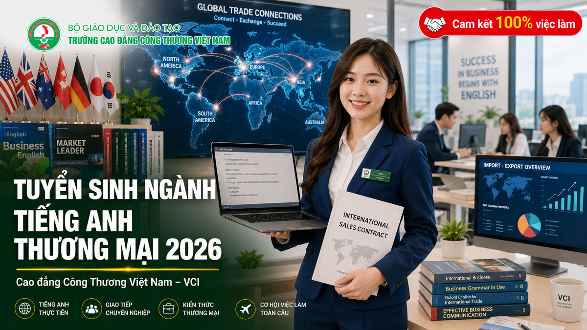 Tuyển sinh ngành Tiếng Anh thương mại 2026 tại VCI – cam kết việc làm bằng CĐ chính quy phiên dịch xuất nhập khẩu quan hệ quốc tế