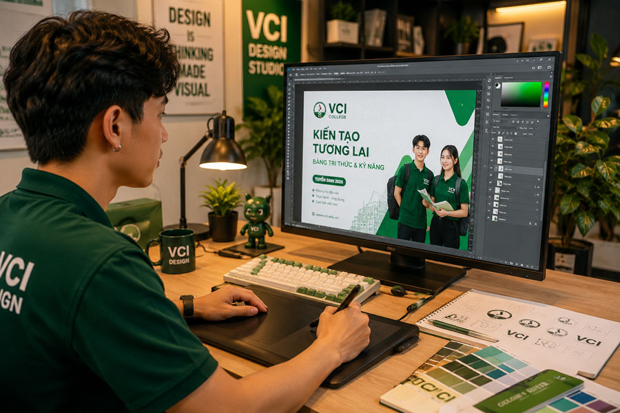 Sinh viên ngành thiết kế đồ họa VCI thực hành thiết kế ấn phẩm và nhận diện thương hiệu