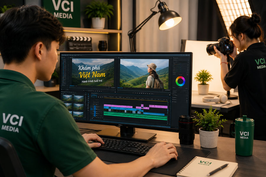 Sinh viên ngành truyền thông đa phương tiện VCI thực hành dựng phim, thiết kế đồ hoạ trong studio hiện đại