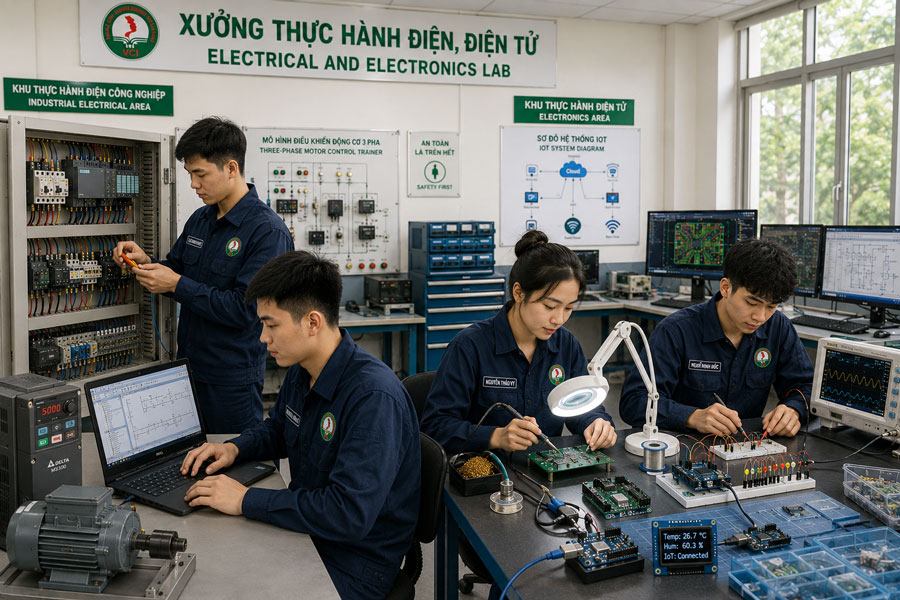 Sinh viên ngành Công nghệ kỹ thuật Điện Điện tử VCI thực hành đấu nối tủ điện lập trình PLC thiết kế mạch điện tử tại xưởng thực hành hiện đại