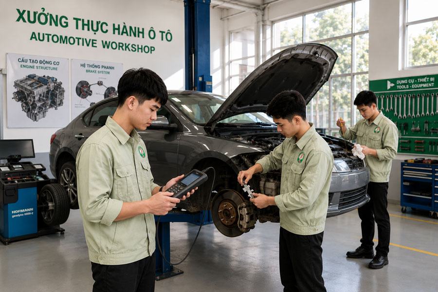 Sinh viên ngành Công nghệ kỹ thuật ô tô VCI thực hành sửa chữa động cơ chẩn đoán lỗi và bảo dưỡng ô tô tại xưởng thực hành hiện đại