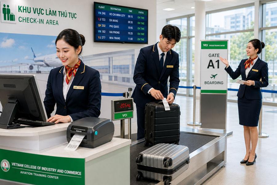 Sinh viên ngành Dịch vụ Thương mại Hàng không VCI thực hành check-in hành khách xử lý hành lý và bán vé máy bay tại phòng mô phỏng sân bay