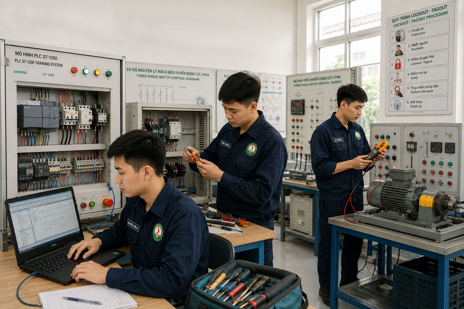 Sinh viên ngành Điện công nghiệp VCI thực hành lập trình PLC đấu nối tủ điện và vận hành hệ thống tự động hóa tại xưởng thực hành hiện đại