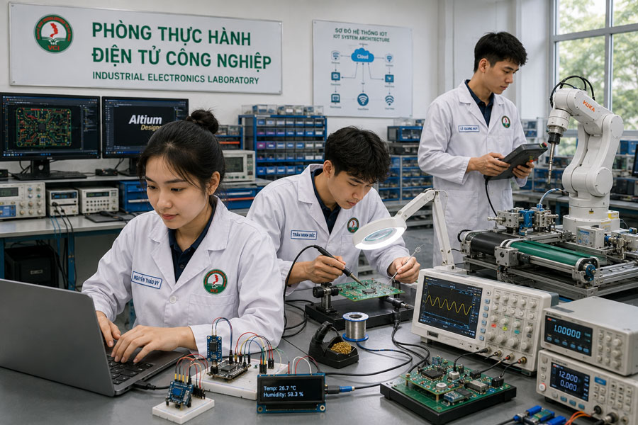 Sinh viên ngành Điện tử công nghiệp VCI thực hành lập trình vi điều khiển IoT thiết kế mạch PCB và vận hành robot công nghiệp tại phòng lab hiện đại