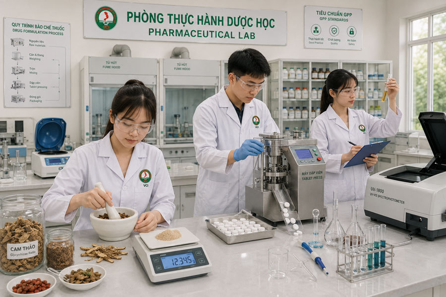 Sinh viên ngành Dược VCI thực hành bào chế thuốc kiểm nghiệm dược phẩm và tư vấn sử dụng thuốc tại phòng thí nghiệm hiện đại