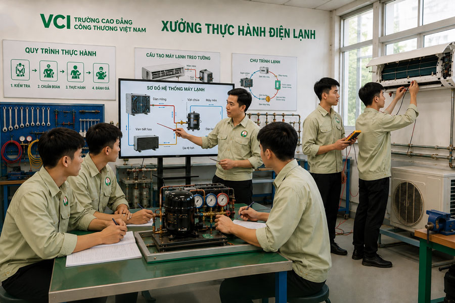Sinh viên ngành Kỹ thuật máy lạnh và điều hòa không khí VCI thực hành lắp đặt điều hòa hàn ống đồng và nạp gas tại xưởng thực hành hiện đại
