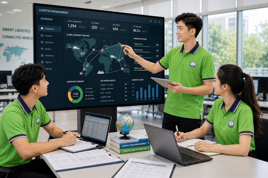 Sinh viên ngành Logistics VCI thực hành quản lý kho hàng và lập kế hoạch chuỗi cung ứng xuất nhập khẩu trên phần mềm tại phòng máy tính