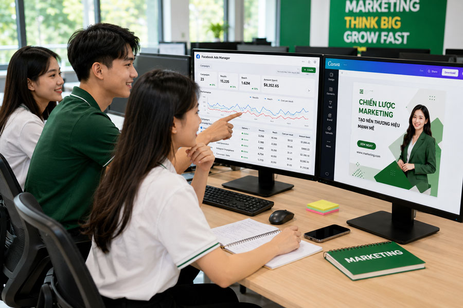 Sinh viên ngành Marketing Thương Mại VCI thực hành chạy quảng cáo Facebook Ads TikTok Ads và SEO trong phòng máy tính hiện đại