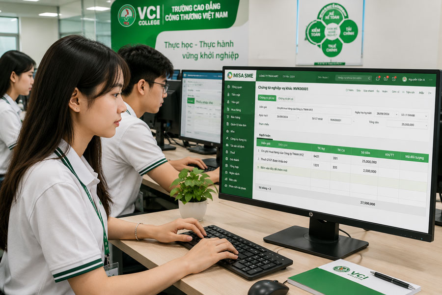 Sinh viên ngành Kế Toán Doanh Nghiệp VCI thực hành phần mềm kế toán MISA tại phòng máy tính hiện đại