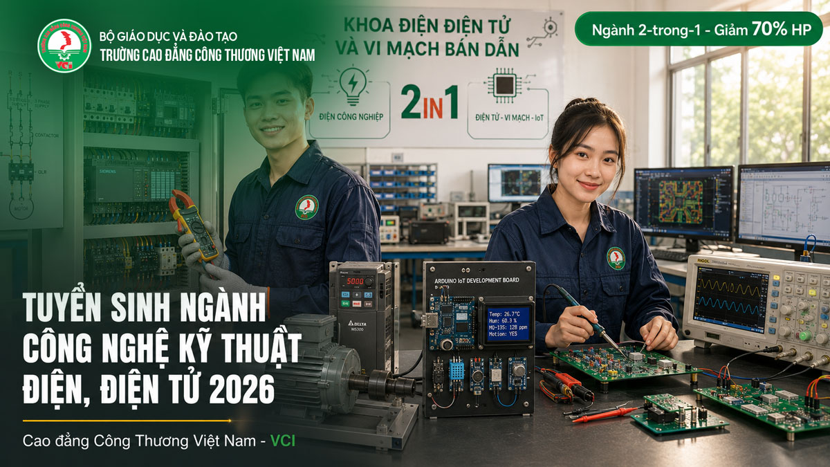 Tuyển sinh ngành Công nghệ kỹ thuật Điện Điện tử 2026 tại Trường Cao đẳng Công Thương Việt Nam VCI – ngành 2 trong 1 điện mạnh điện tử giảm 70% học phí cùng khoa Vi mạch bán dẫn
