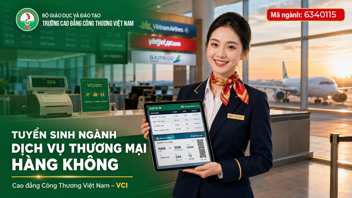 Tuyển sinh ngành Dịch vụ Thương mại Hàng không 2026 tại Trường Cao đẳng Công Thương Việt Nam VCI – học nhân viên mặt đất, check-in, bán vé, phục vụ hành khách, cam kết 100% việc làm