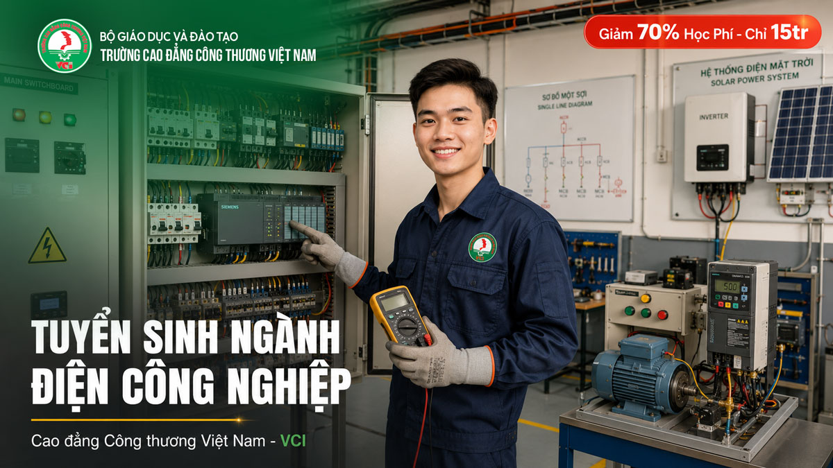 Tuyển sinh ngành Điện công nghiệp 2026 tại Trường Cao đẳng Công Thương Việt Nam VCI – học PLC tự động hóa điện mặt trời cam kết 100% việc làm giảm 70% học phí